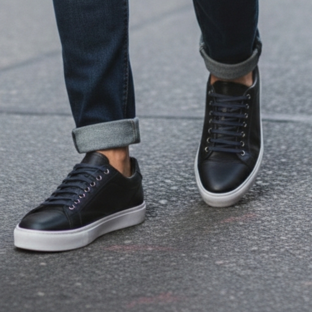 NIB Baccus Shoemaker Black Leather Sneakers – Blue Lace Accents